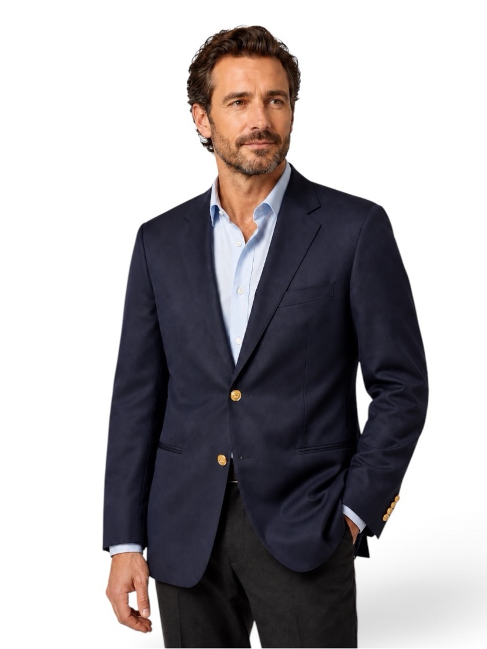 Chaps 100% Wool Navy Blue Sport Coat Blazer Gold Buttons Men’s Size 48 Regular